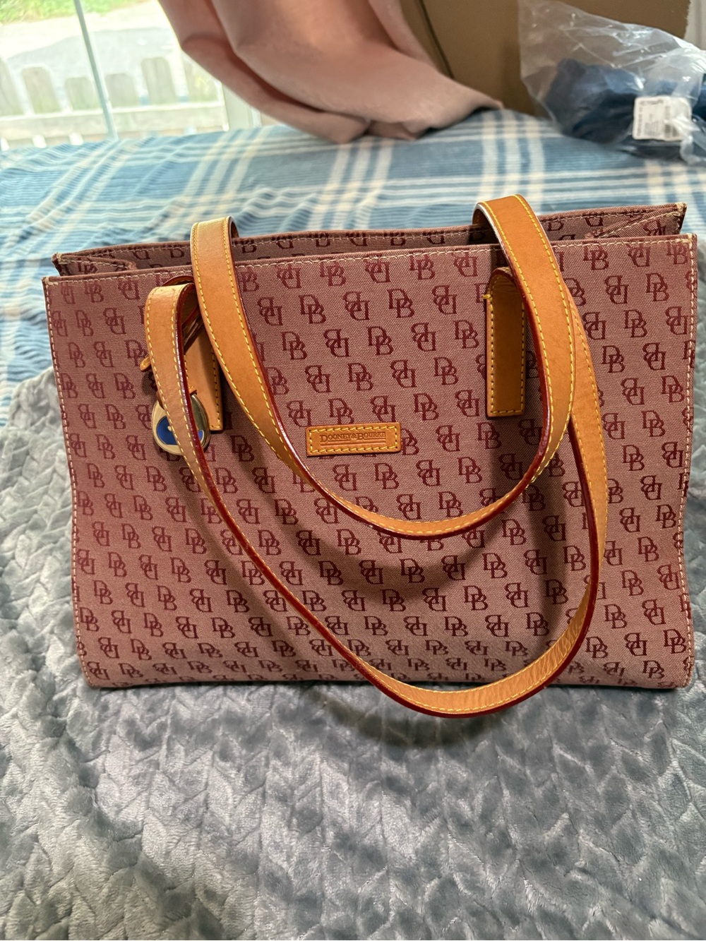 Dooney & Bourke Mauve Pink Monogram Tote with Tan Trim